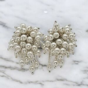 Vintage Faux Pearl Cluster Dangle Earrings Beaded Firework Spray White Silver
